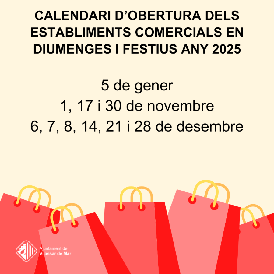 Cartell calendari d'obertura comercial en diumenges i festius any 2025